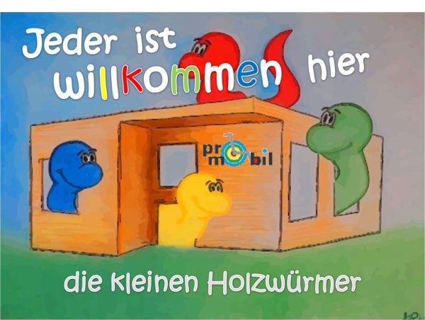 Grafik Zeichnung mit Text "Jeder ist willkommen" die kleinen Holzwürmer