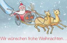 Das Bild zeigt einen Weihnachtsmann auf einem Schlitten, der von zwei Alpakas gezoegen wird.